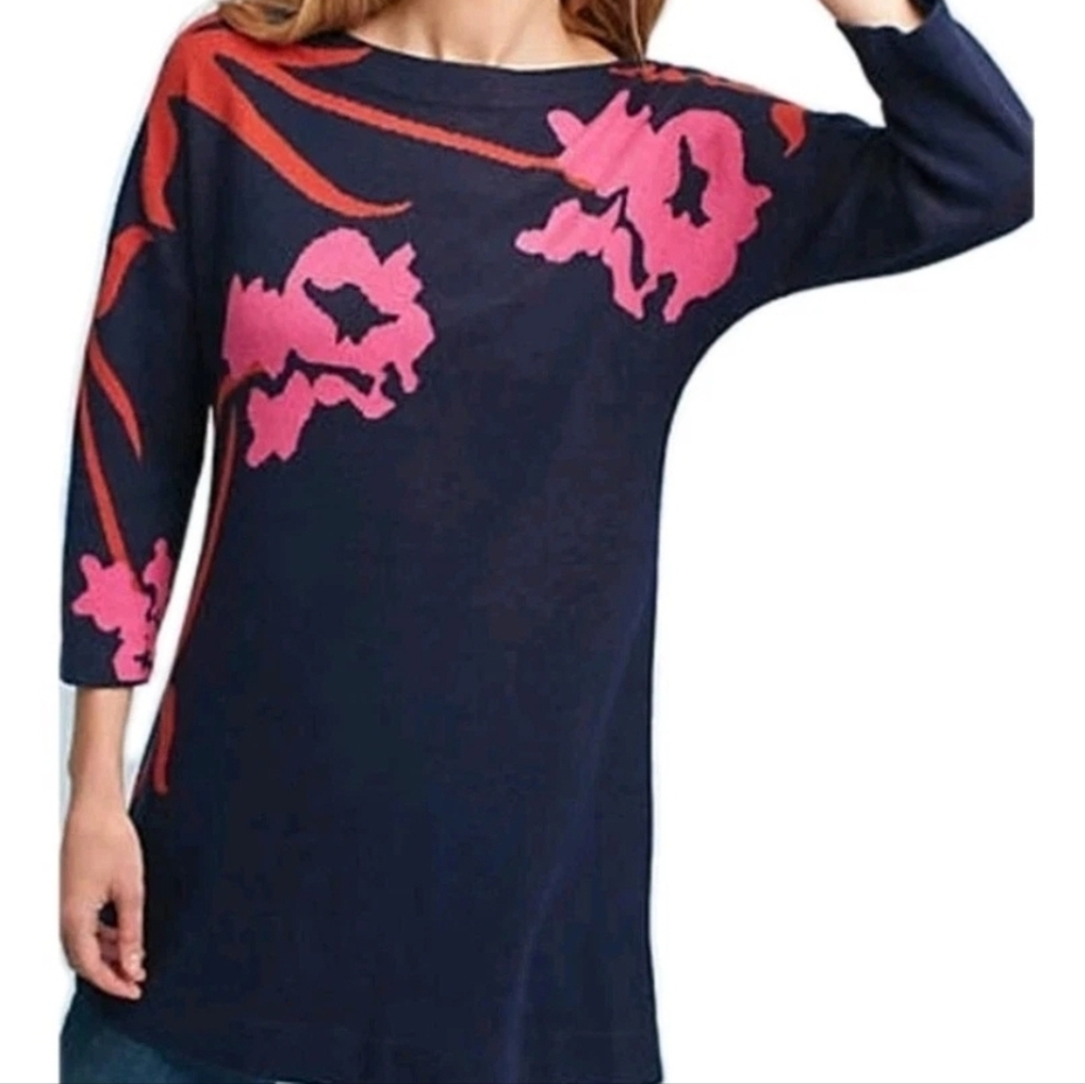 anthropologie FIELD FLOWER small Silk Blend Floral Sweater Tunic Navy Blue‎